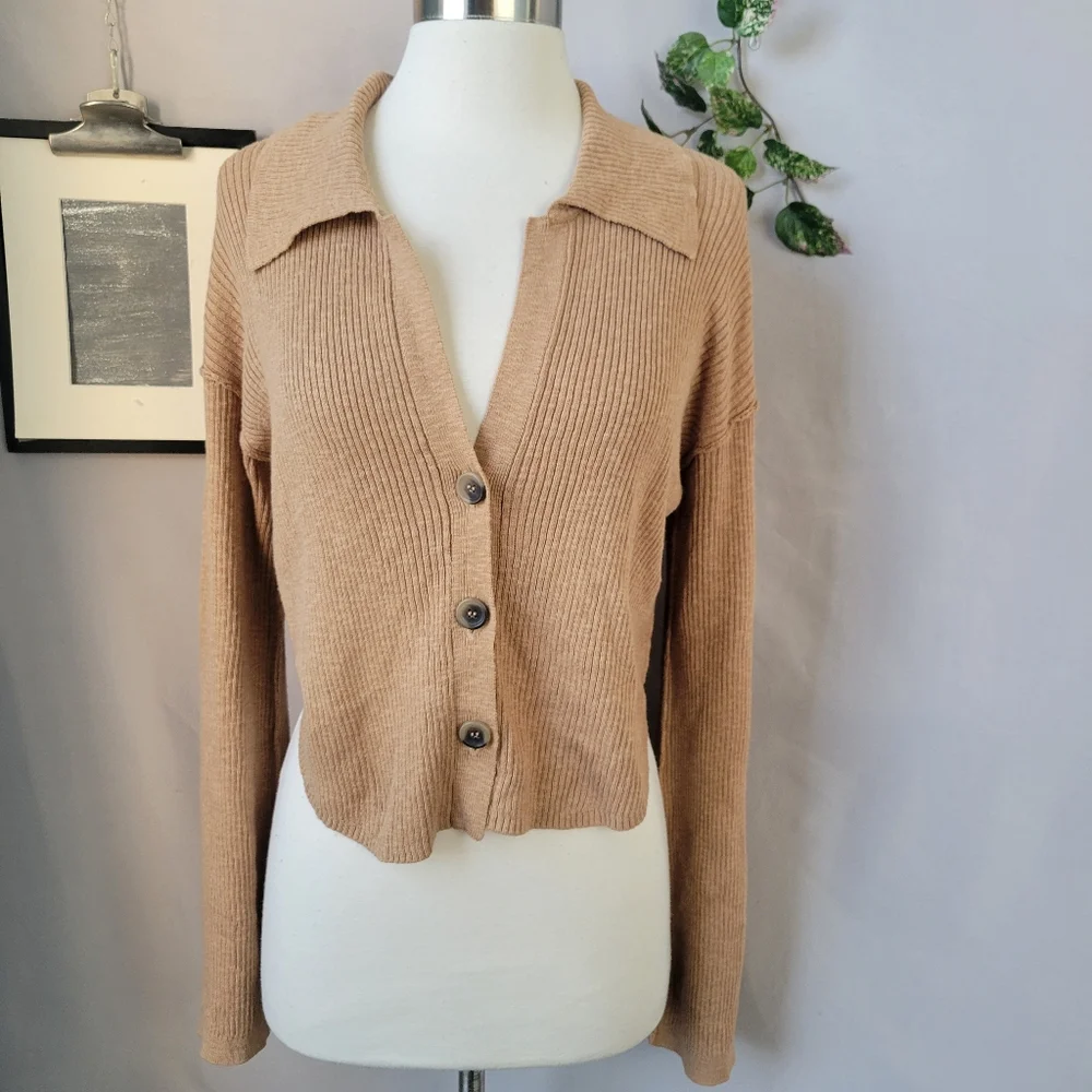 Free People Ella Button-Up‎ Ribbed Cardigan Sweater Iced Coffee Tan S